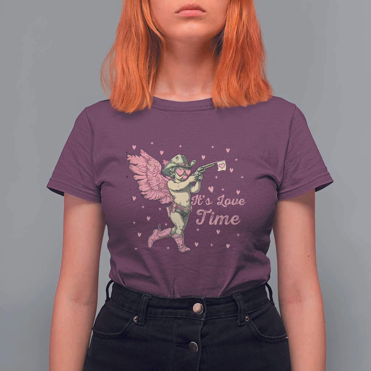 Funny Valentine's Day T Shirt For Women It's Love Time Cowboy Cupid