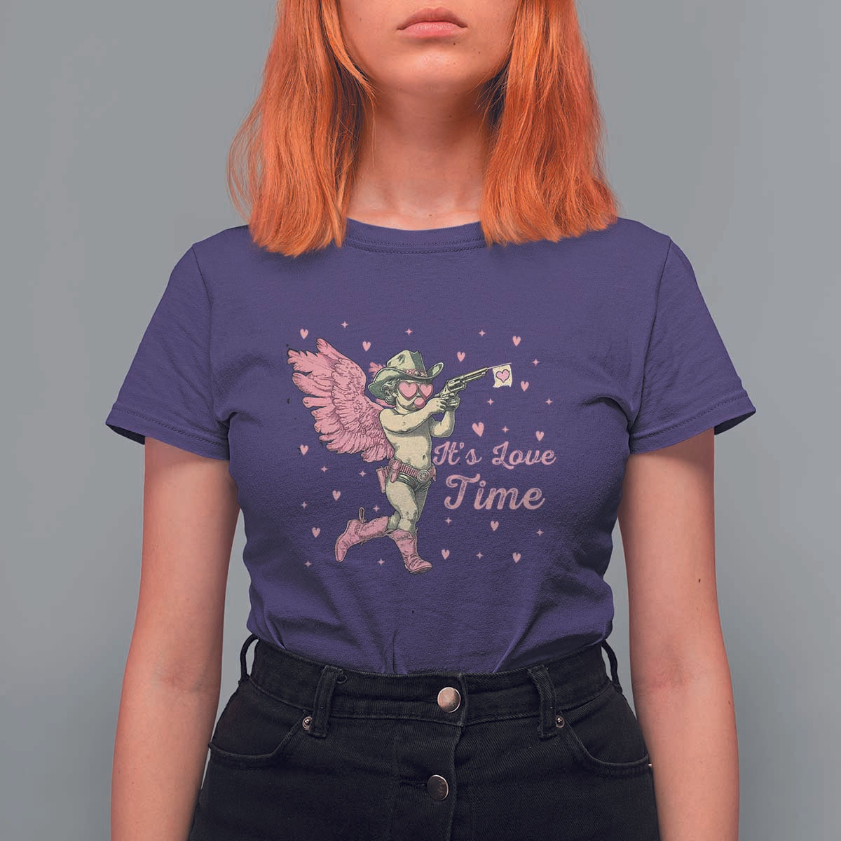 Funny Valentine's Day T Shirt For Women It's Love Time Cowboy Cupid