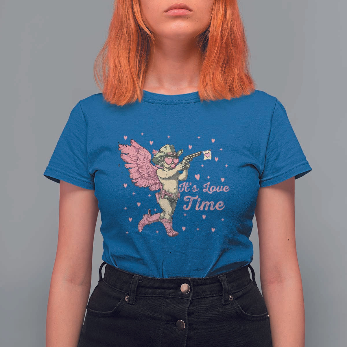 Funny Valentine's Day T Shirt For Women It's Love Time Cowboy Cupid