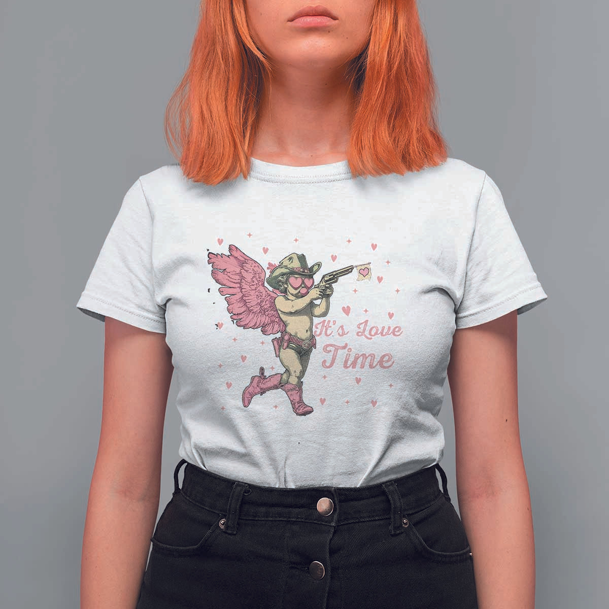 Funny Valentine's Day T Shirt For Women It's Love Time Cowboy Cupid