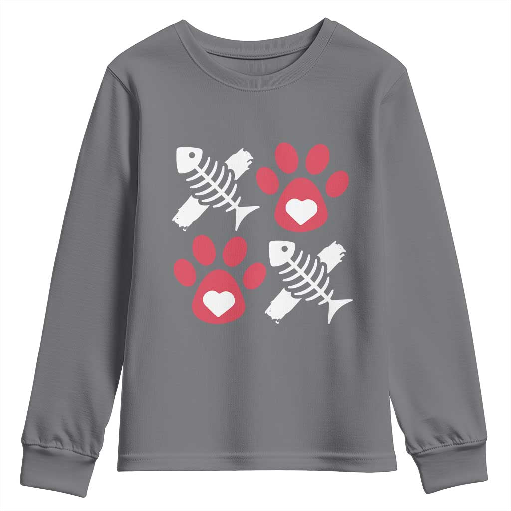 Valentine's Day Cat Lover Youth Sweatshirt Cute Kitten Paw XO