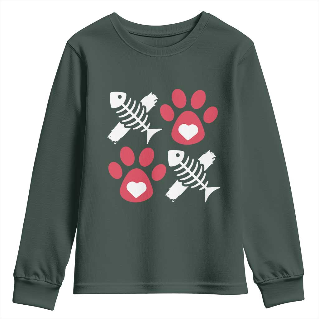 Valentine's Day Cat Lover Youth Sweatshirt Cute Kitten Paw XO