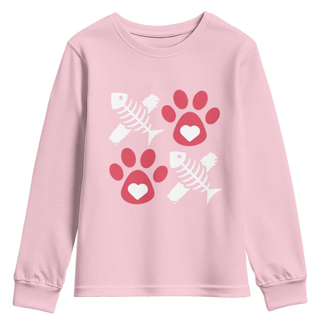 Valentine's Day Cat Lover Youth Sweatshirt Cute Kitten Paw XO