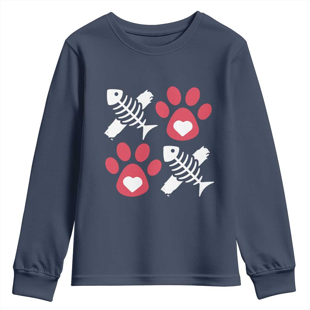 Valentine's Day Cat Lover Youth Sweatshirt Cute Kitten Paw XO
