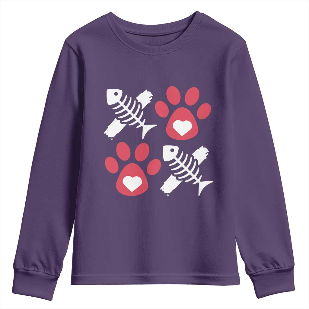 Valentine's Day Cat Lover Youth Sweatshirt Cute Kitten Paw XO