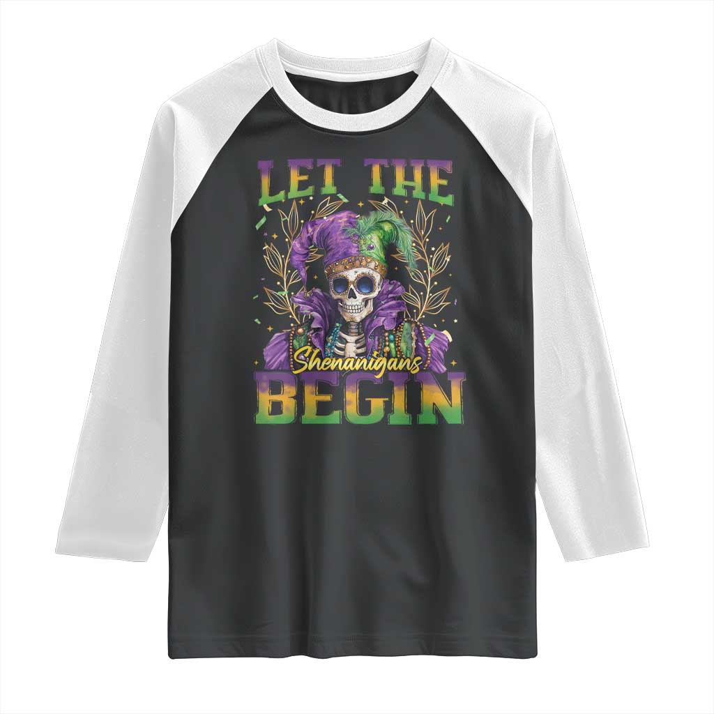 Mardi Gras Raglan Shirt Let The Shenanigans Begin Skeleton Jester Costume