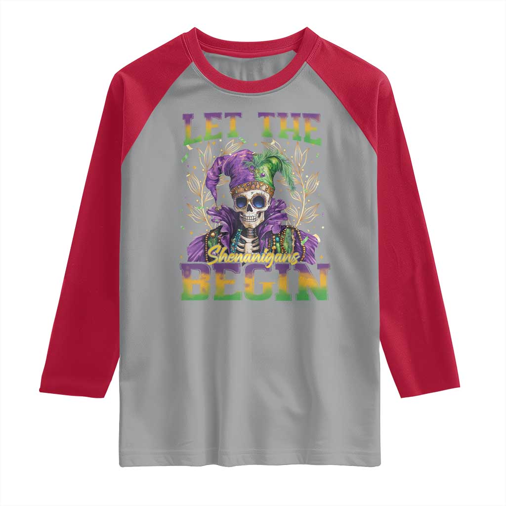 Mardi Gras Raglan Shirt Let The Shenanigans Begin Skeleton Jester Costume