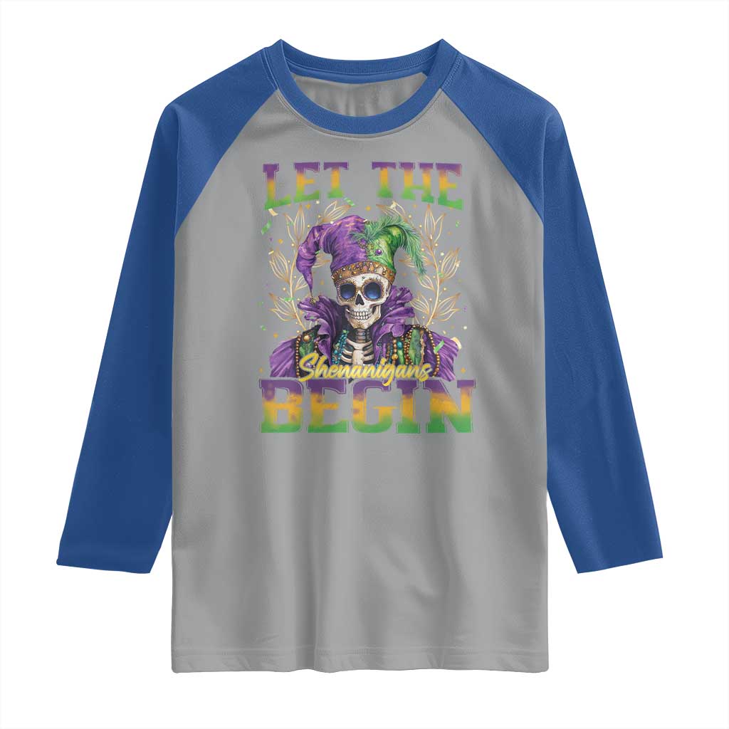 Mardi Gras Raglan Shirt Let The Shenanigans Begin Skeleton Jester Costume