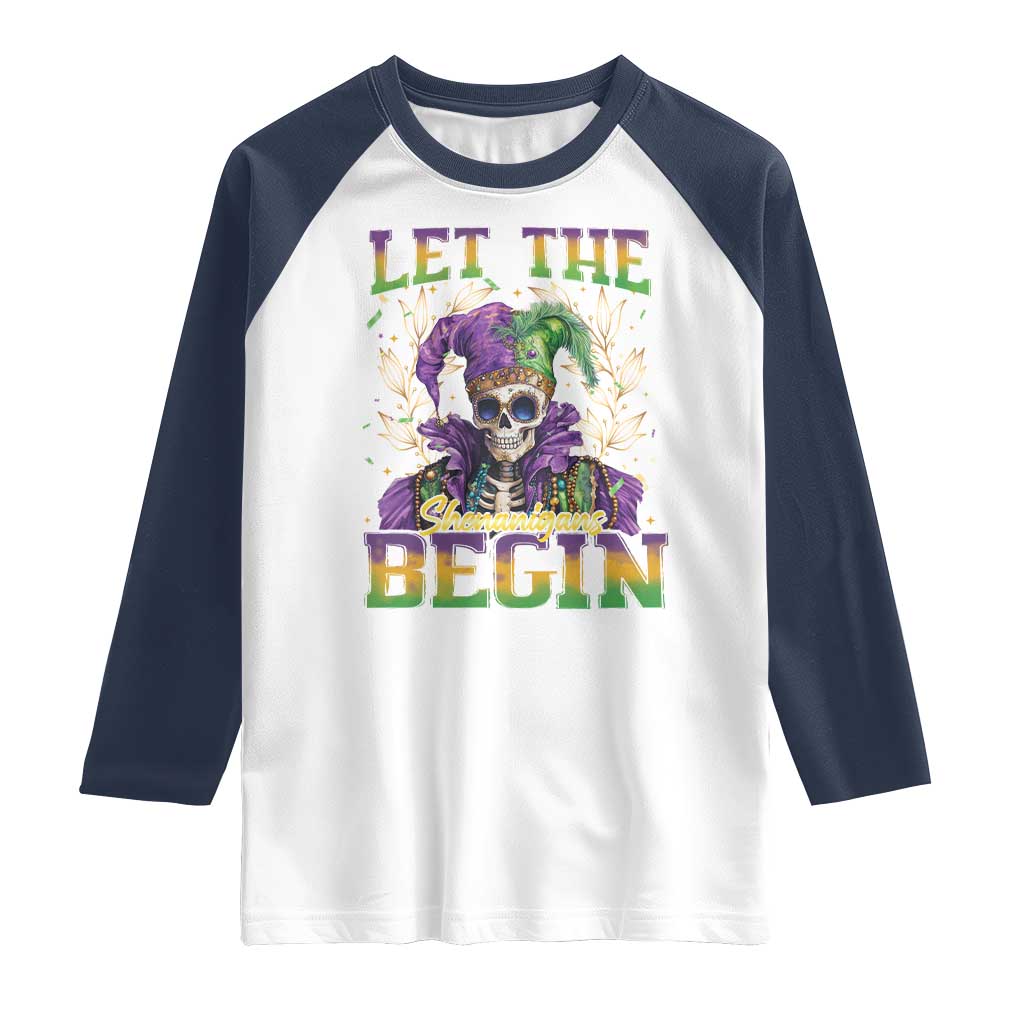 Mardi Gras Raglan Shirt Let The Shenanigans Begin Skeleton Jester Costume