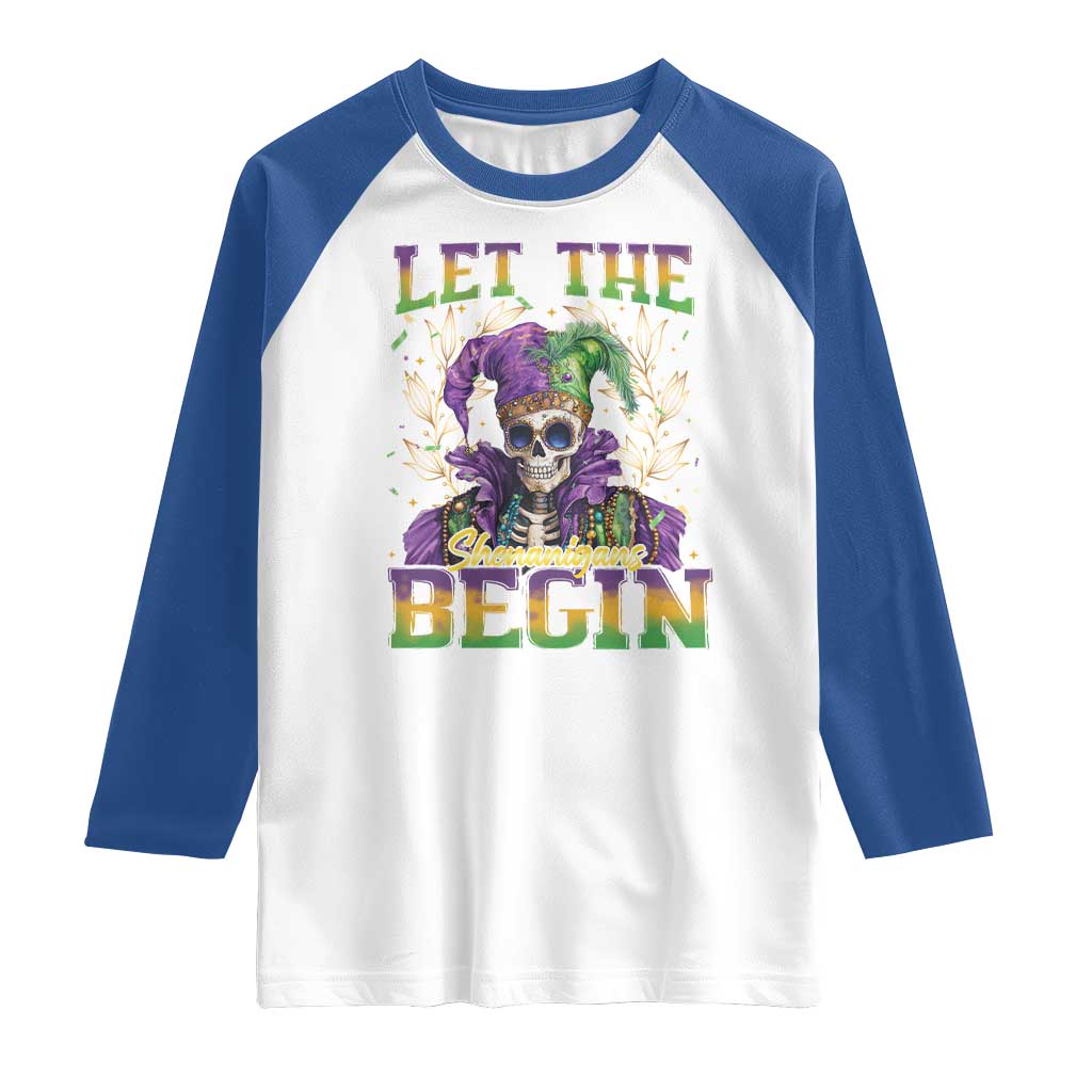 Mardi Gras Raglan Shirt Let The Shenanigans Begin Skeleton Jester Costume