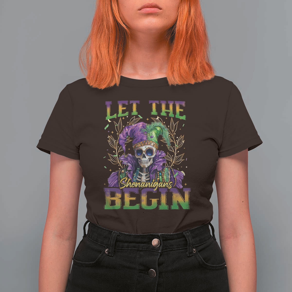 Mardi Gras T Shirt For Women Let The Shenanigans Begin Skeleton Jester Costume