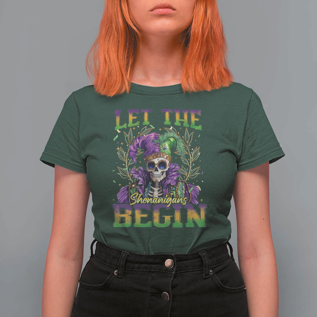 Mardi Gras T Shirt For Women Let The Shenanigans Begin Skeleton Jester Costume