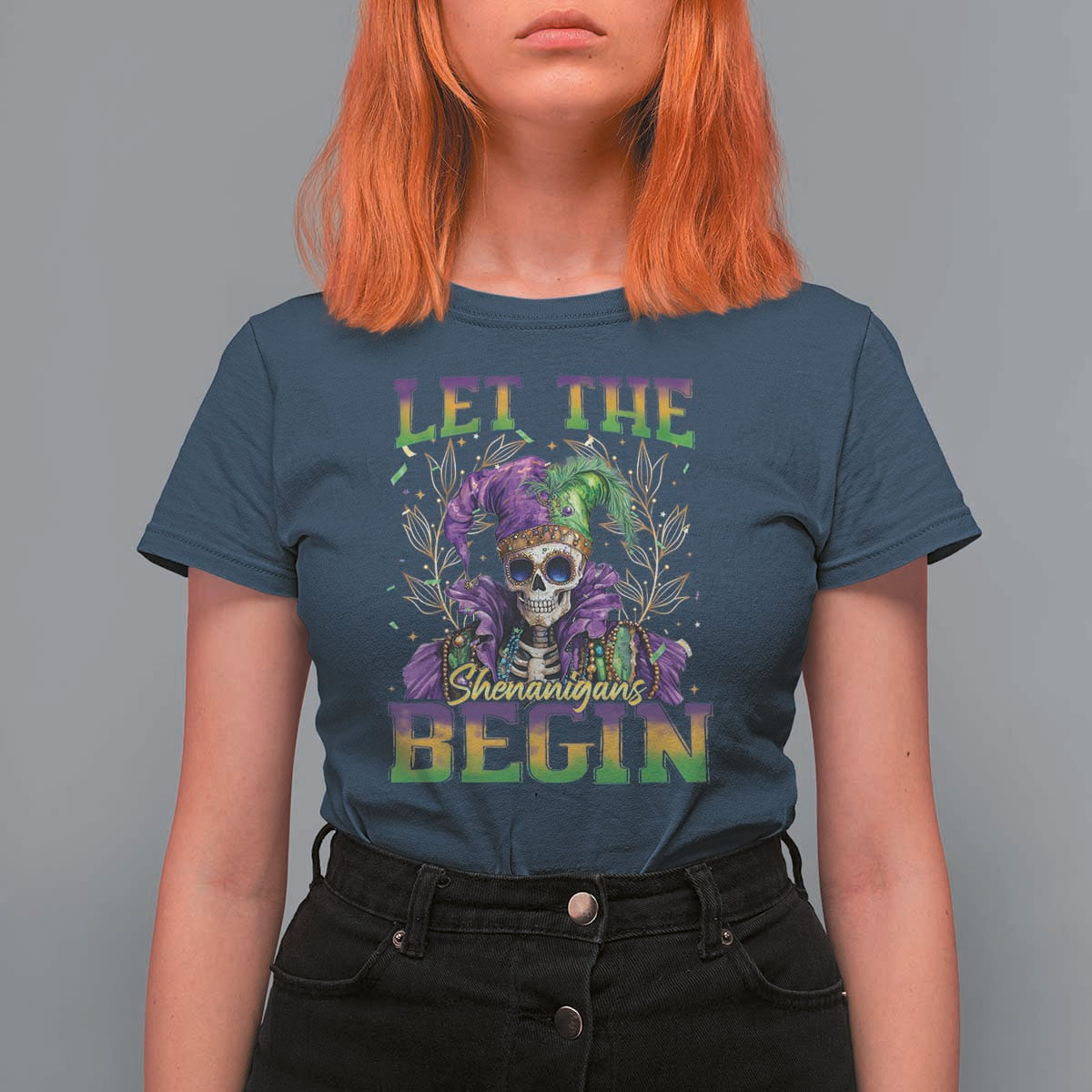 Mardi Gras T Shirt For Women Let The Shenanigans Begin Skeleton Jester Costume
