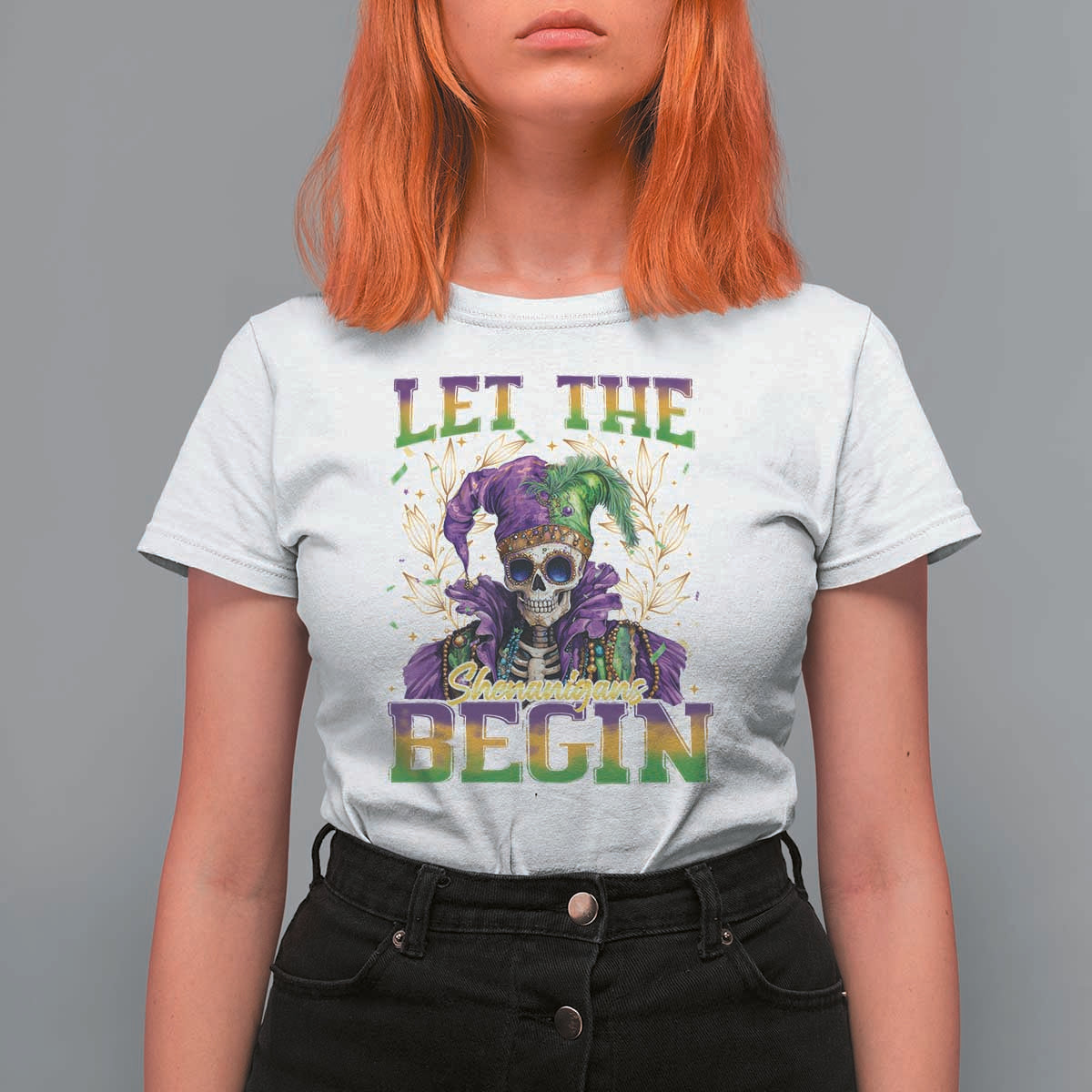 Mardi Gras T Shirt For Women Let The Shenanigans Begin Skeleton Jester Costume
