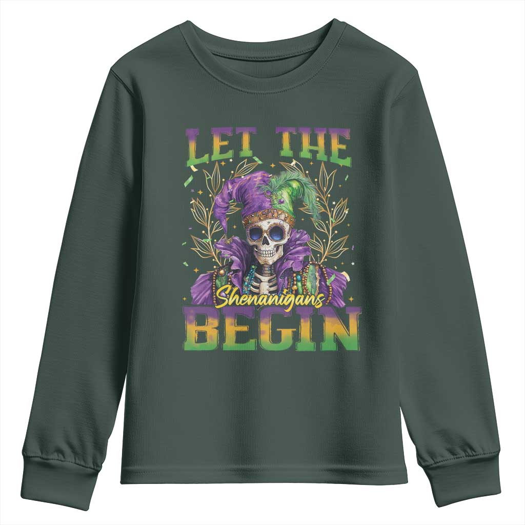 Mardi Gras Youth Sweatshirt Let The Shenanigans Begin Skeleton Jester Costume