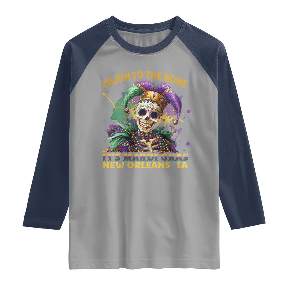 Louisiana Mardi Gras Raglan Shirt Cajun To The Bone Skeleton Jester Costume