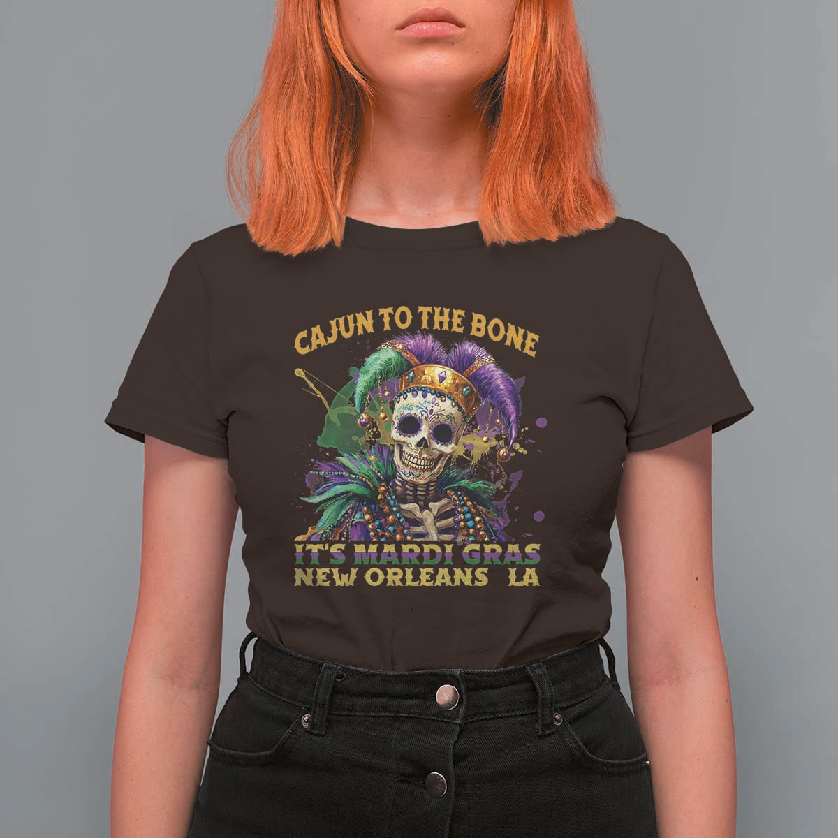 Louisiana Mardi Gras T Shirt For Women Cajun To The Bone Skeleton Jester Costume