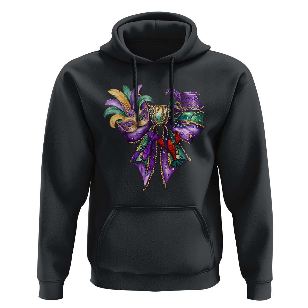 Coquette Bow Mardi Gras Hoodie New Orleans Carnival Beads Mask Crawfish