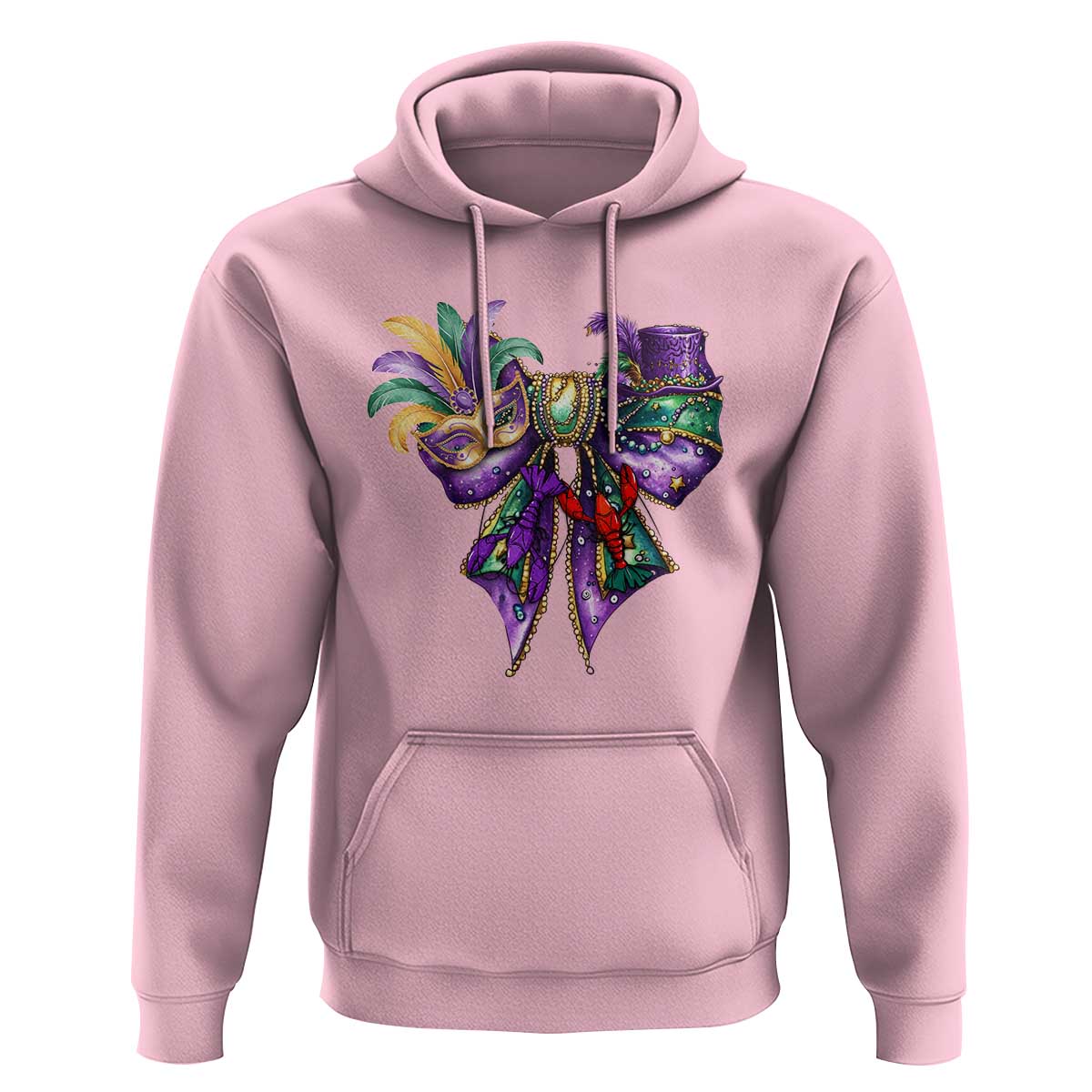 Coquette Bow Mardi Gras Hoodie New Orleans Carnival Beads Mask Crawfish