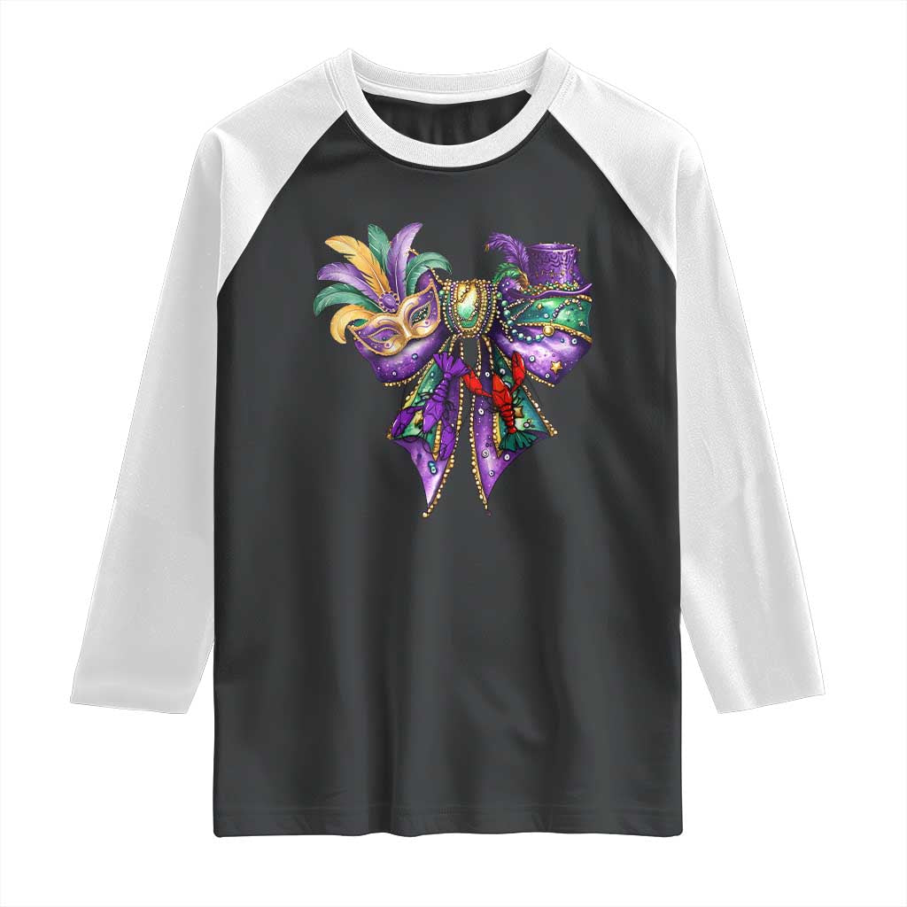 Coquette Bow Mardi Gras Raglan Shirt New Orleans Carnival Beads Mask Crawfish