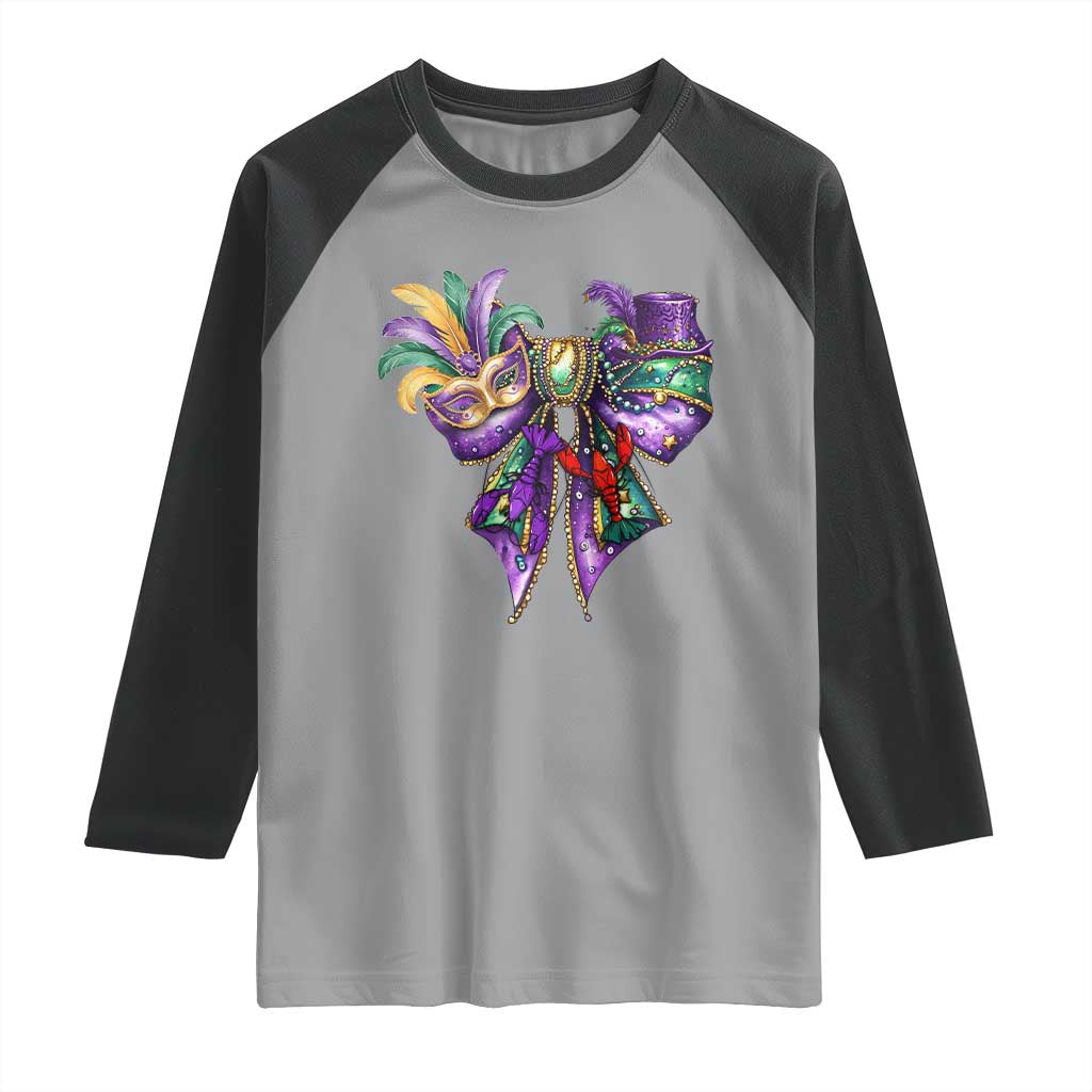 Coquette Bow Mardi Gras Raglan Shirt New Orleans Carnival Beads Mask Crawfish