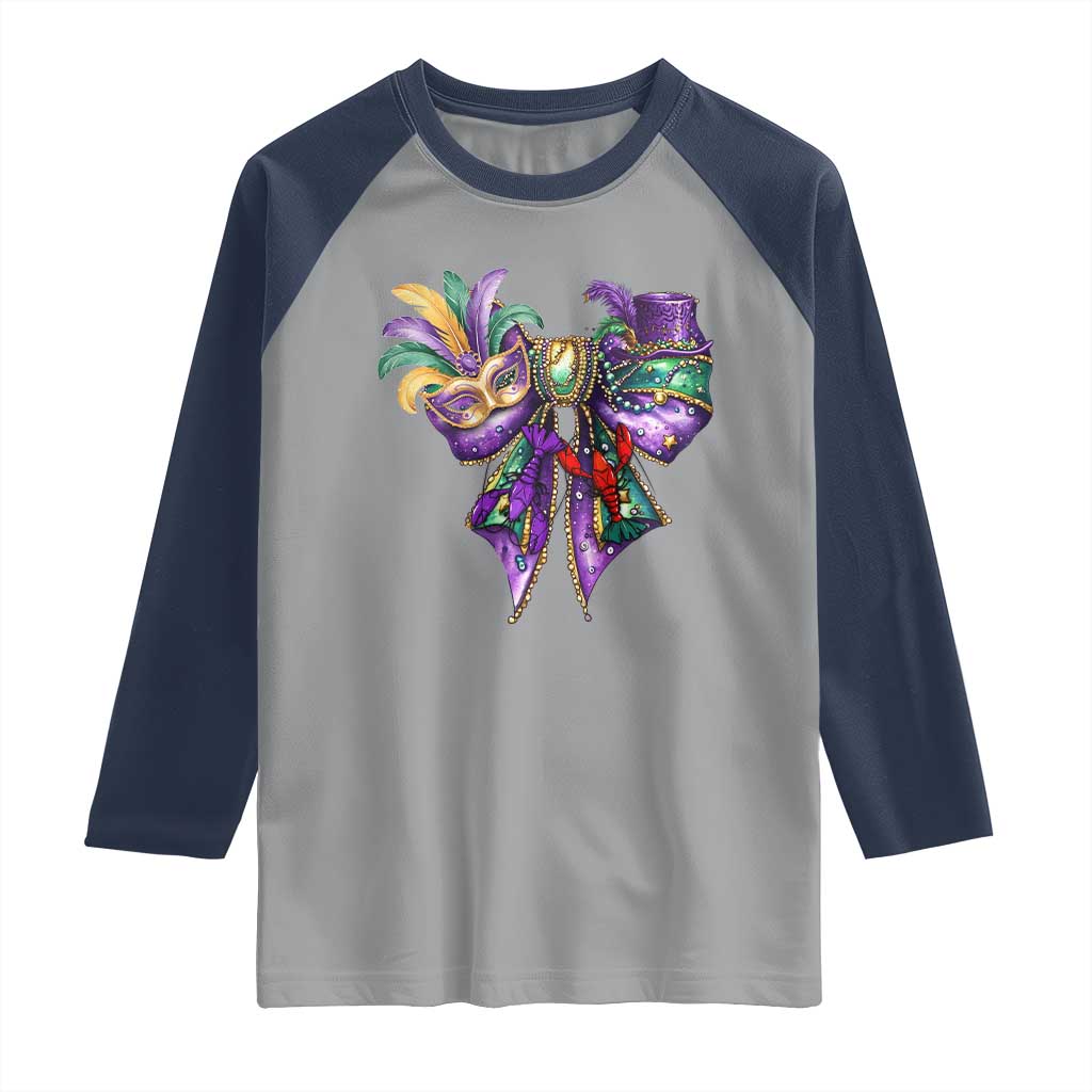 Coquette Bow Mardi Gras Raglan Shirt New Orleans Carnival Beads Mask Crawfish