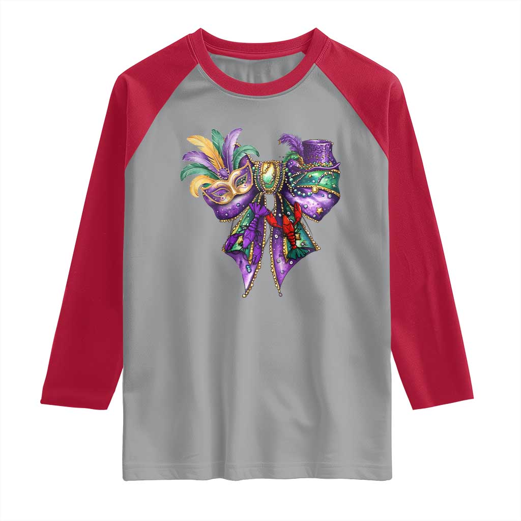 Coquette Bow Mardi Gras Raglan Shirt New Orleans Carnival Beads Mask Crawfish