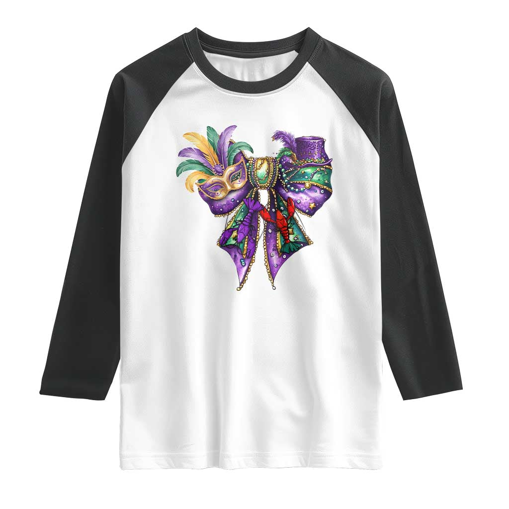 Coquette Bow Mardi Gras Raglan Shirt New Orleans Carnival Beads Mask Crawfish