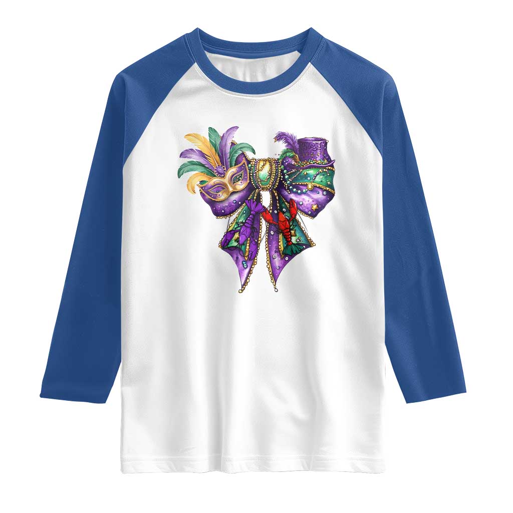 Coquette Bow Mardi Gras Raglan Shirt New Orleans Carnival Beads Mask Crawfish