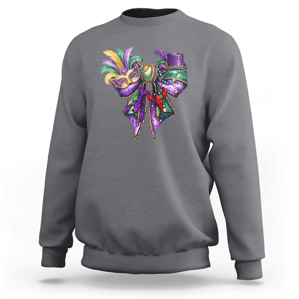Coquette Bow Mardi Gras Sweatshirt New Orleans Carnival Beads Mask Crawfish