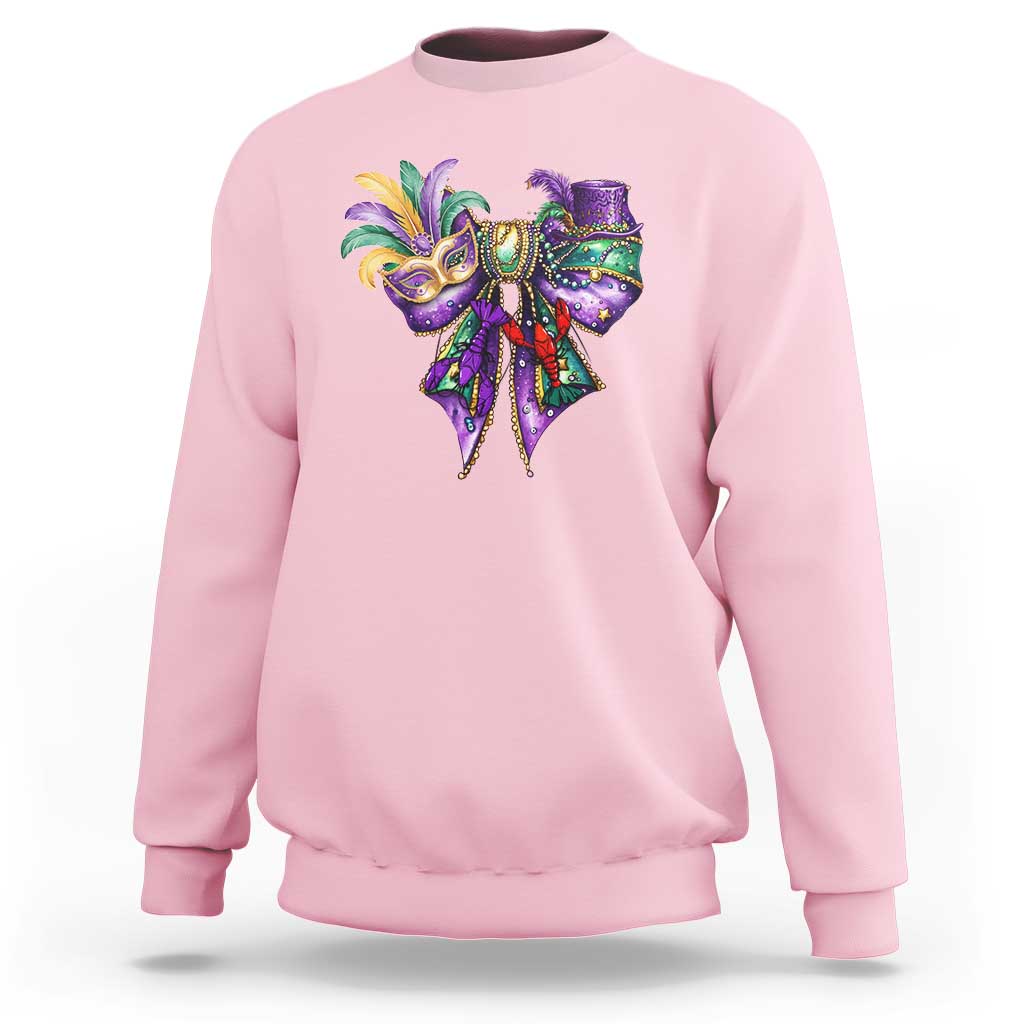 Coquette Bow Mardi Gras Sweatshirt New Orleans Carnival Beads Mask Crawfish