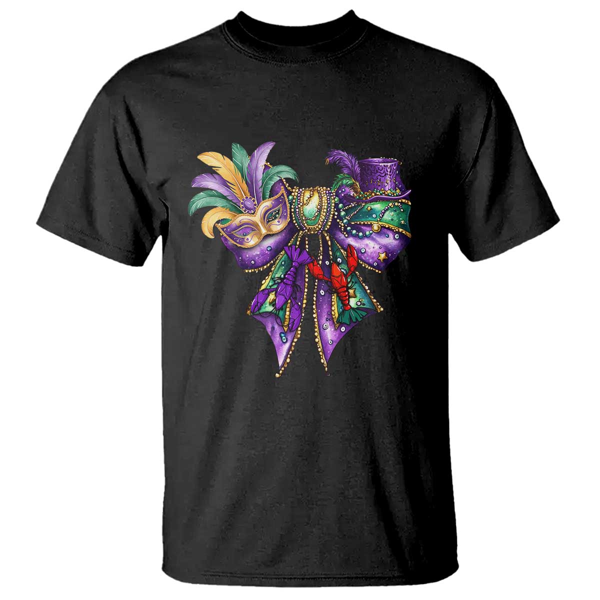 Coquette Bow Mardi Gras T Shirt New Orleans Carnival Beads Mask Crawfish