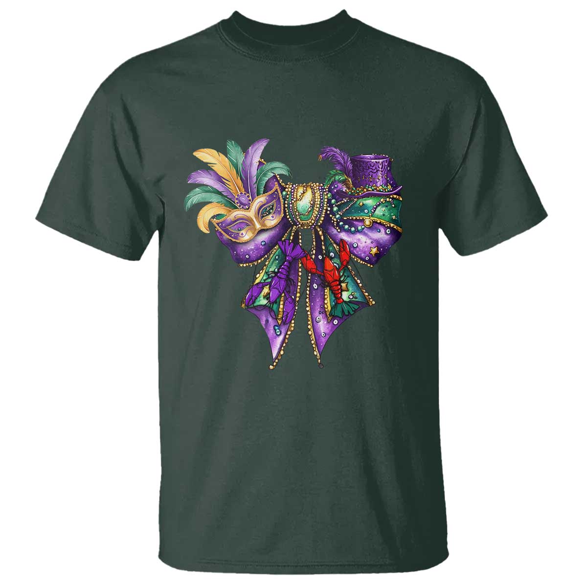 Coquette Bow Mardi Gras T Shirt New Orleans Carnival Beads Mask Crawfish