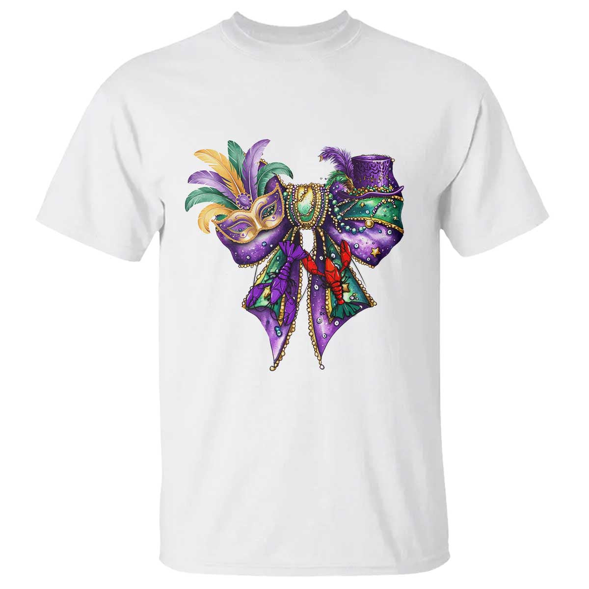 Coquette Bow Mardi Gras T Shirt New Orleans Carnival Beads Mask Crawfish