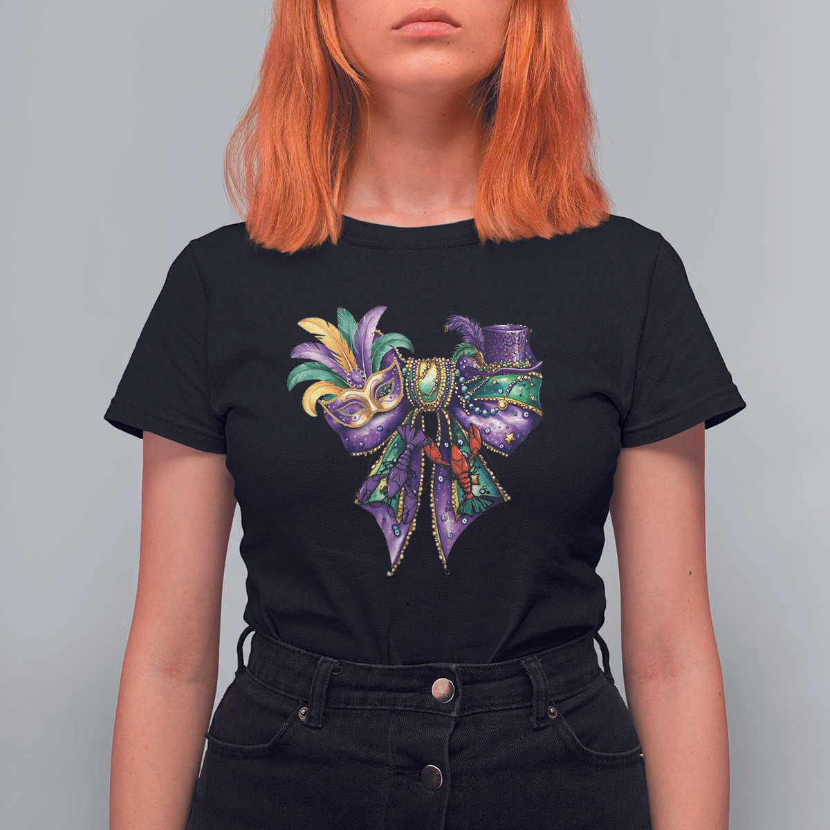 Coquette Bow Mardi Gras T Shirt For Women New Orleans Carnival Beads Mask Crawfish