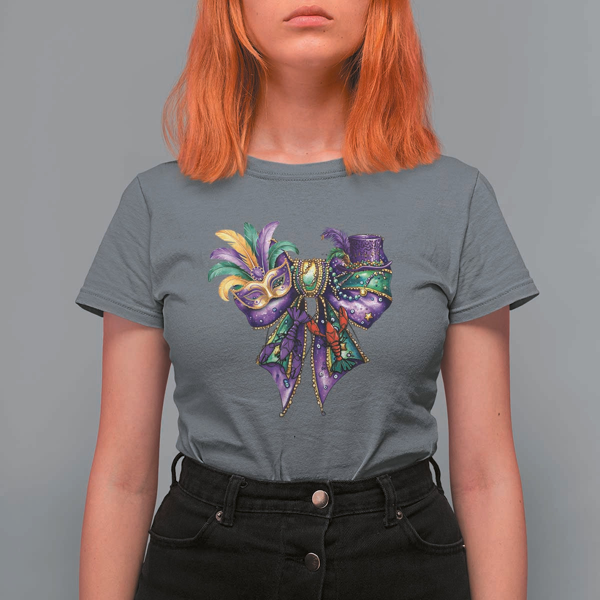 Coquette Bow Mardi Gras T Shirt For Women New Orleans Carnival Beads Mask Crawfish