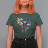 Coquette Bow Mardi Gras T Shirt For Women New Orleans Carnival Beads Mask Crawfish