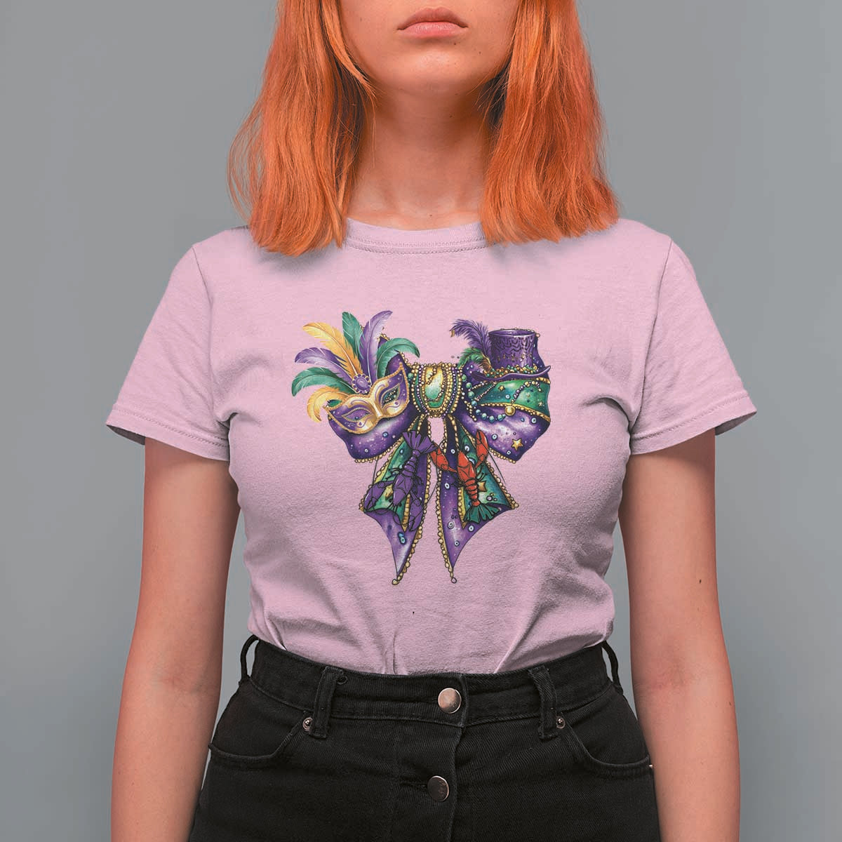 Coquette Bow Mardi Gras T Shirt For Women New Orleans Carnival Beads Mask Crawfish