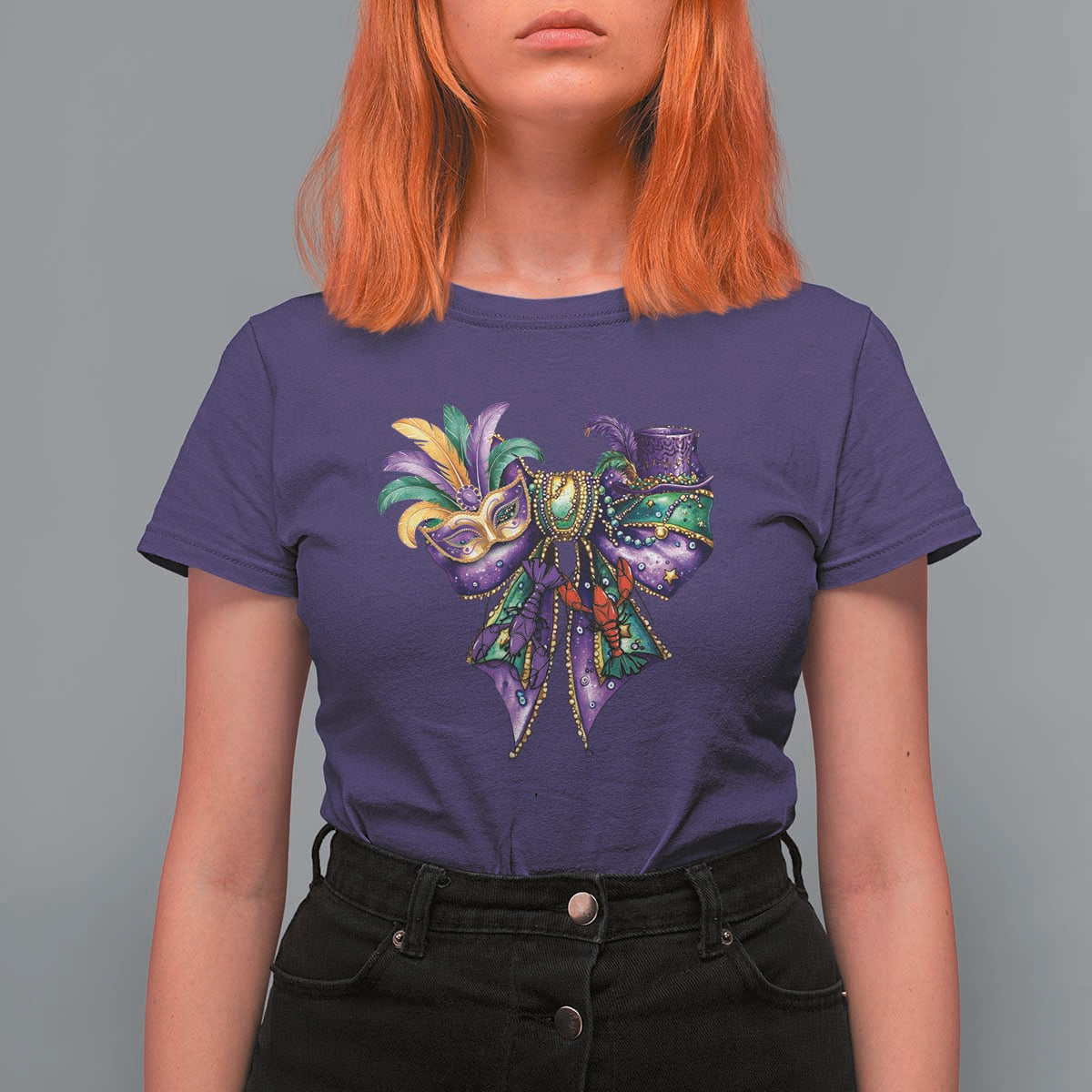 Coquette Bow Mardi Gras T Shirt For Women New Orleans Carnival Beads Mask Crawfish
