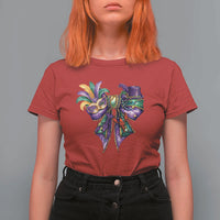 Coquette Bow Mardi Gras T Shirt For Women New Orleans Carnival Beads Mask Crawfish