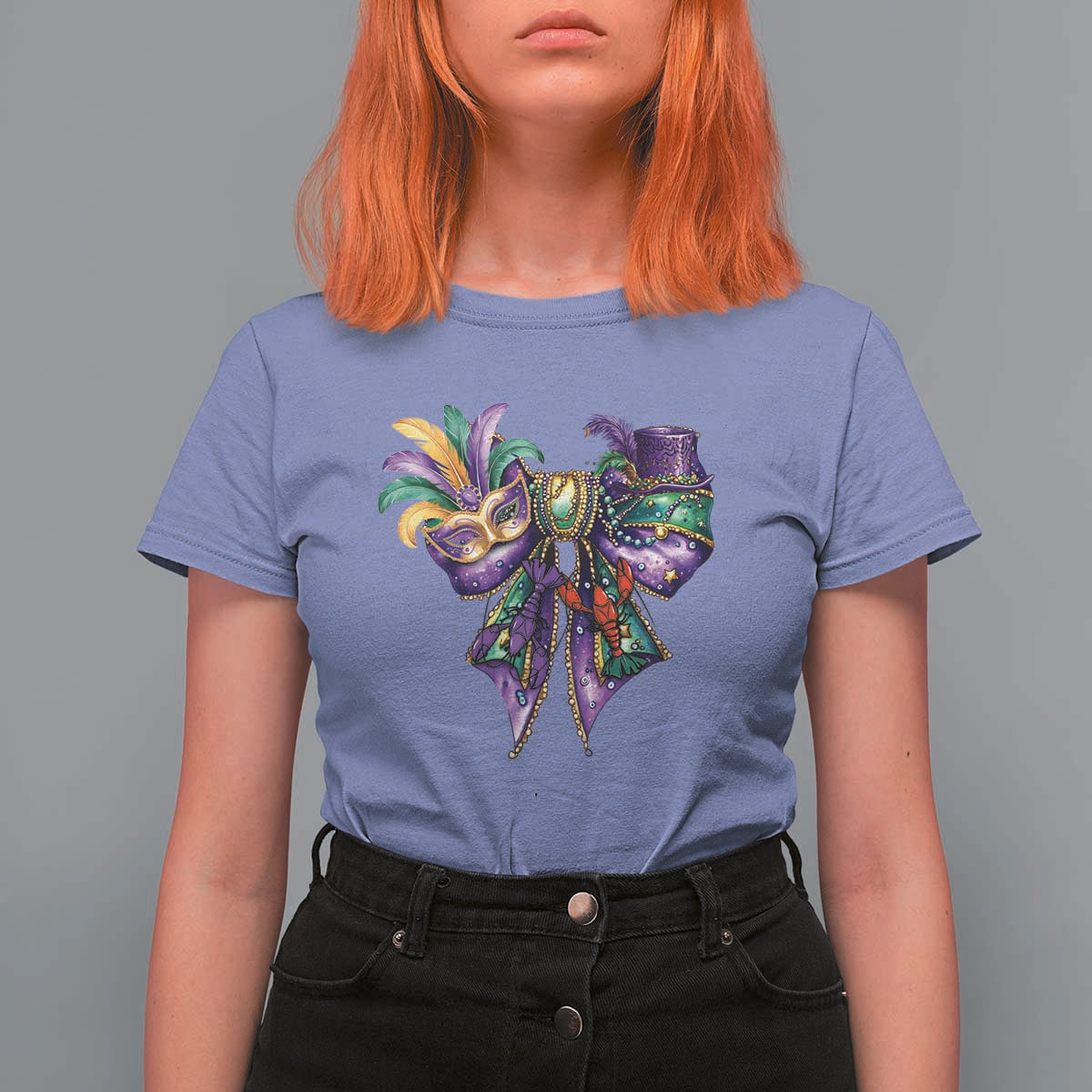 Coquette Bow Mardi Gras T Shirt For Women New Orleans Carnival Beads Mask Crawfish