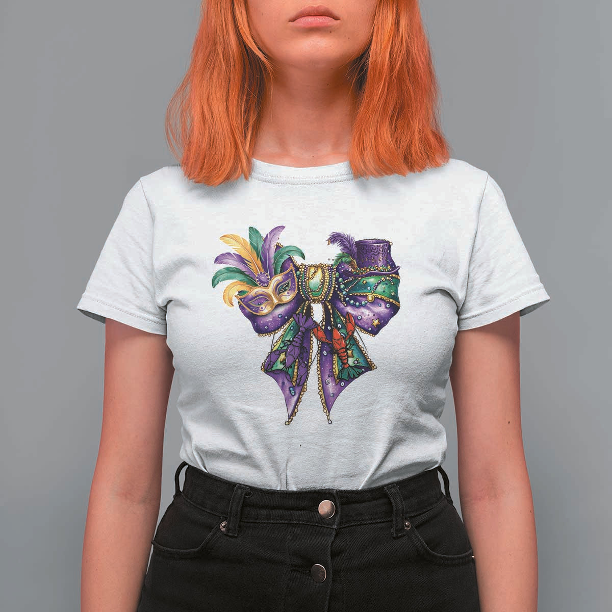 Coquette Bow Mardi Gras T Shirt For Women New Orleans Carnival Beads Mask Crawfish