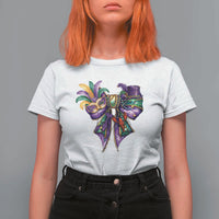 Coquette Bow Mardi Gras T Shirt For Women New Orleans Carnival Beads Mask Crawfish