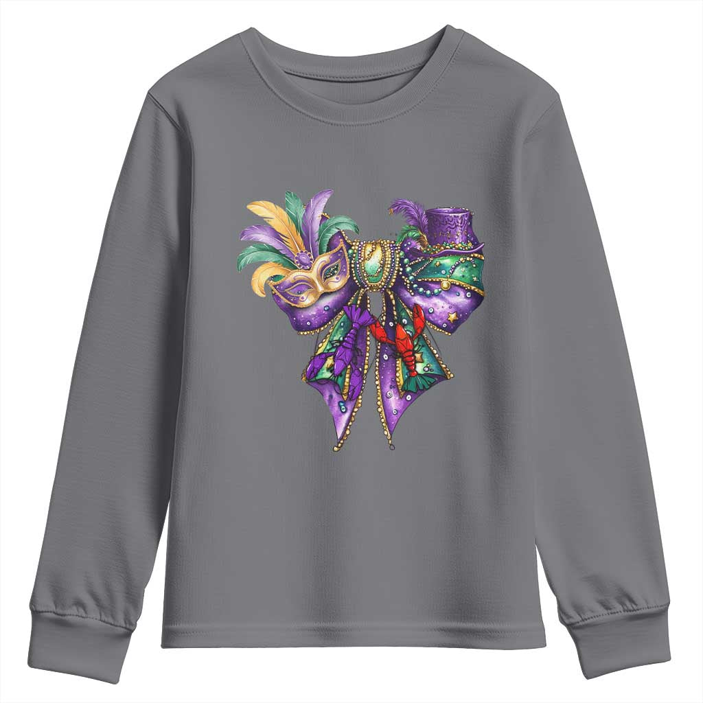 Coquette Bow Mardi Gras Youth Sweatshirt New Orleans Carnival Beads Mask Crawfish