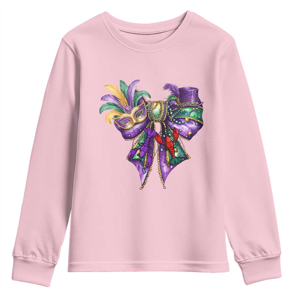 Coquette Bow Mardi Gras Youth Sweatshirt New Orleans Carnival Beads Mask Crawfish