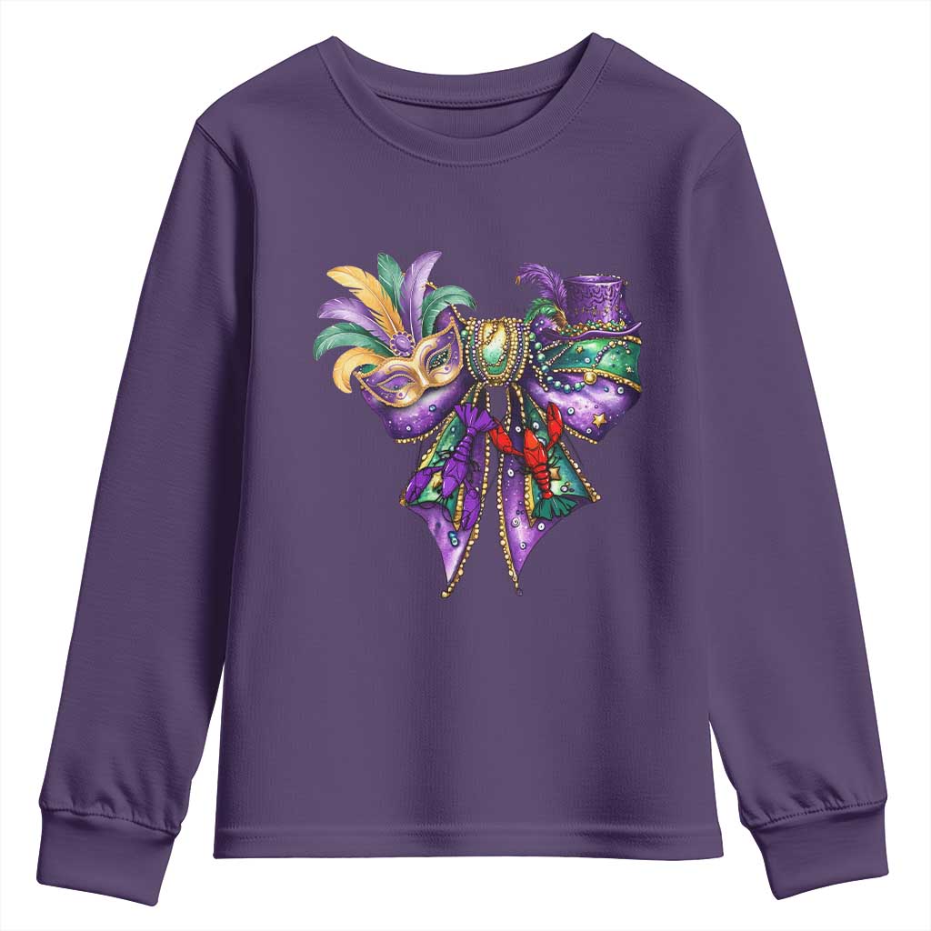 Coquette Bow Mardi Gras Youth Sweatshirt New Orleans Carnival Beads Mask Crawfish