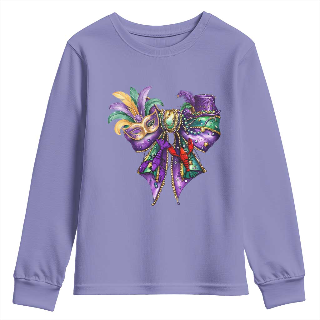 Coquette Bow Mardi Gras Youth Sweatshirt New Orleans Carnival Beads Mask Crawfish