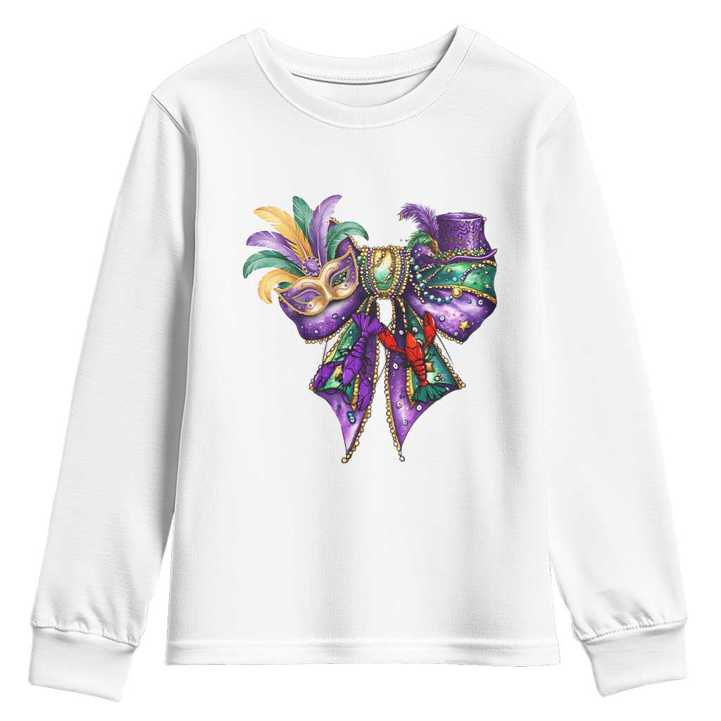 Coquette Bow Mardi Gras Youth Sweatshirt New Orleans Carnival Beads Mask Crawfish