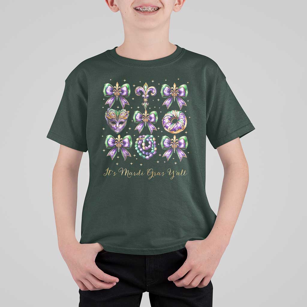 Coquette Bow Mardi Gras T Shirt For Kid It's Mardi Gras Y'all Fleur De Lis Mask