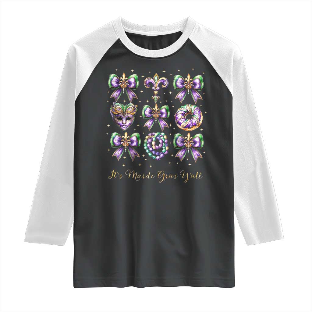 Coquette Bow Mardi Gras Raglan Shirt It's Mardi Gras Y'all Fleur De Lis Mask